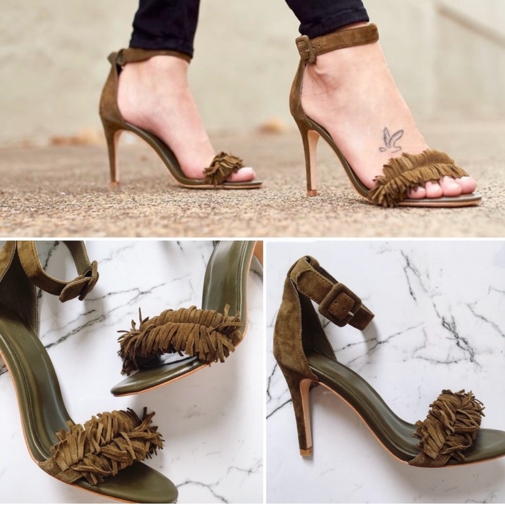 Joie Flirty Fringe Olive Green Suede Sandals - Picture 2 of 10